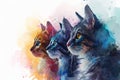 Abstract colorful kittens cat illustration and cat face with colorful splashes