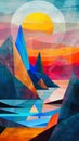 Abstract colorful landscape with geometric sun and mountains Royalty Free Stock Photo