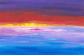 Abstract colorful landscape oil painting. Artistic background. Blue and pink sea with sunset and purple red sky Royalty Free Stock Photo