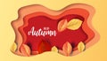 Abstract colorful leaves decorated background for Hello Autumn advertising header or banner design. Horizontal paper cut art. Ve