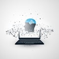 Machine Learning, Artificial Intelligence, Cloud Computing and Networks Design Concept with Laptop, Network Mesh and Human Head Royalty Free Stock Photo