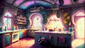 Abstract colorful magical kitchen room on digital art concept, Generative AI