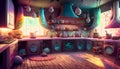 Abstract colorful magical kitchen room on digital art concept, Generative AI