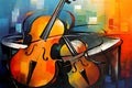 Abstract colorful music background with cello and bow in oil painting style