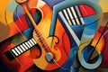 abstract colorful music background with guitar and musical notes, digital painting Royalty Free Stock Photo
