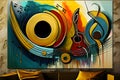 Abstract colorful music background with guitar and notes on the wall. 3d rendering Royalty Free Stock Photo