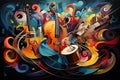 abstract colorful music background with violoncello and drum illustration, AI Generated Royalty Free Stock Photo