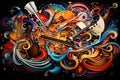 Abstract colorful music background with violoncello, violin, trumpet and wave, AI Generated Royalty Free Stock Photo