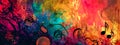 Abstract colorful music-themed banner with splashes, musical notes, and vibrant fiery background. Royalty Free Stock Photo