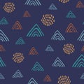 Abstract colorful naive doodle seamless vector pattern on navy blue background. Modern trendy art background with naive doodle