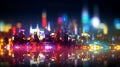 An abstract colorful neon night time city skyline lights background with lines and bokeh. Royalty Free Stock Photo