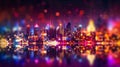 An abstract colorful neon night time city skyline lights background with lines and bokeh. Royalty Free Stock Photo