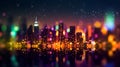 An abstract colorful neon night time city skyline lights background with lines and bokeh. Royalty Free Stock Photo