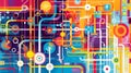 Abstract Colorful Network, Interconnected Pipes, Circles, and Geometric Shapes Form a Vibrant, Complex System of No