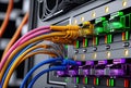 Abstract colorful network panel, switch and cable in data center, Generative AI Royalty Free Stock Photo