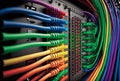 Abstract colorful network panel, switch and cable in data center, Generative AI Royalty Free Stock Photo
