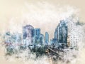 Abstract offices Building in the city on watercolor painting background. Royalty Free Stock Photo