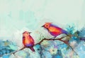 Abstract colorful oil, acrylic painting of bird and spring flower. Modern art paintings brush stroke on canvas. Royalty Free Stock Photo