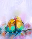 Abstract colorful oil, acrylic painting of bird and spring flower. Modern art paintings brush stroke on canvas. Royalty Free Stock Photo