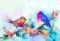 Abstract colorful oil, acrylic painting of bird and spring flower