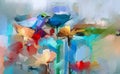 Abstract colorful oil, acrylic painting of bird and spring flower.