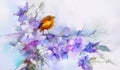 Abstract colorful oil, acrylic painting of bird and spring flower. Modern art paintings brush stroke on canvas. Royalty Free Stock Photo