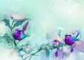 Abstract colorful oil, acrylic painting of bird and spring flower. Modern art paintings brush stroke on canvas. Royalty Free Stock Photo