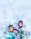 Abstract colorful oil, acrylic painting of bird and spring flower. Modern art paintings brush stroke on canvas. Royalty Free Stock Photo