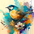 Acrylic painting of bird and spring flower. AI generated artwork.