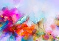 Abstract colorful oil, acrylic painting of butterfly flying over spring flower. Illustration hand paint floral blossom in summer Royalty Free Stock Photo