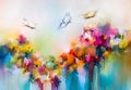 Abstract colorful oil, acrylic painting of butterfly flying over spring flower. Illustration hand paint floral blossom in summer Royalty Free Stock Photo