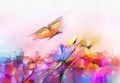 Abstract colorful oil, acrylic painting of butterfly flying over spring flower. Illustration hand paint floral blossom in summer Royalty Free Stock Photo