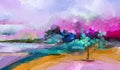 Abstract colorful oil painting on canvas. Semi abstract image of tree ,field, meadow. Landscape paintings background. Royalty Free Stock Photo