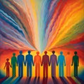 An abstract colorful oil painting featuring people of different races and ages standing in unity under a vibrant sky