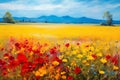 Abstract colorful oil painting landscape background. Semi abstract image of wildflower and field. Yellow and red wildflowers at Royalty Free Stock Photo