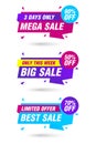 Abstract colorful origami sale labels set. Mega Sale 90%, Big Sale 50%, Best Sale 70% off discount Royalty Free Stock Photo