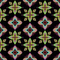 Abstract colorful ornament, oriental curve swirls seamless pattern with flowers and curl, openwork. Multicolored tracery on black