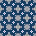 Abstract colorful ornament, oriental curve swirls seamless pattern with flowers and curl, openwork. Multicolored tracery on blue Royalty Free Stock Photo