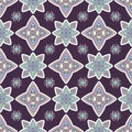 Abstract colorful ornament, oriental curve swirls seamless pattern with flowers and curl, openwork. Multicolored tracery on violet