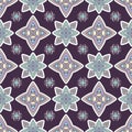 Abstract colorful ornament, oriental curve swirls seamless pattern with flowers and curl, openwork. Multicolored tracery on violet
