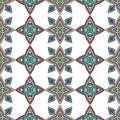 Abstract colorful ornament, oriental curve swirls seamless pattern with flowers and curl, openwork. Multicolored tracery on white
