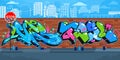 Abstract Colorful Outdoor Urban Streetart Graffiti Wall With Drawings Against The Background Of The Cityscape Vector Illustration