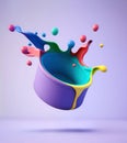 Abstract colorful paint bucket with splashes and liquid drops on purple background. Royalty Free Stock Photo