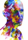 An abstract, colorful paintography double exposure male portrait