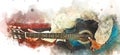 Colorful playing acoustic guitar on watercolor illustration painting background.