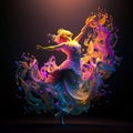 Abstract and colorful Portrait in florescent style of a Woman Dancing with Unbridled Happiness, Graceful and Inspiring on dark