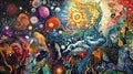 Abstract colorful psychedelic painting with fantastical creatures celestial bodies Royalty Free Stock Photo