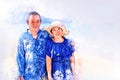 Senior couple traveling on the beach at Phuket, Thailand on watercolor illustration painting background.