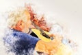 Abstract colorful senior man playing acoustic guitar in the foreground on Watercolor painting background. Royalty Free Stock Photo