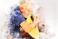 Abstract colorful senior man playing acoustic guitar in the foreground on Watercolor painting background. Royalty Free Stock Photo